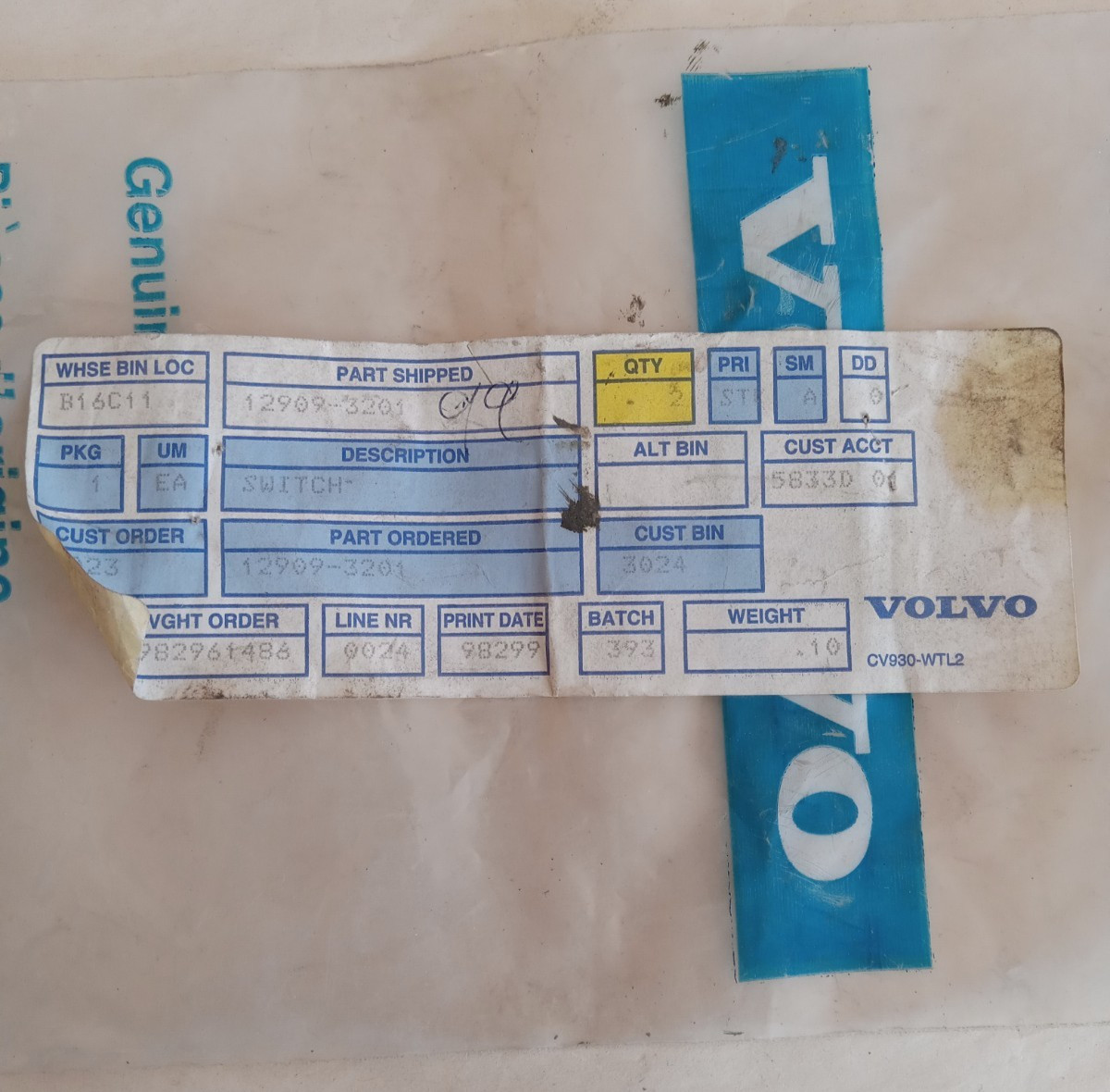 Volvo 12909-3201 Switch (2-pack) New O.E.M.
