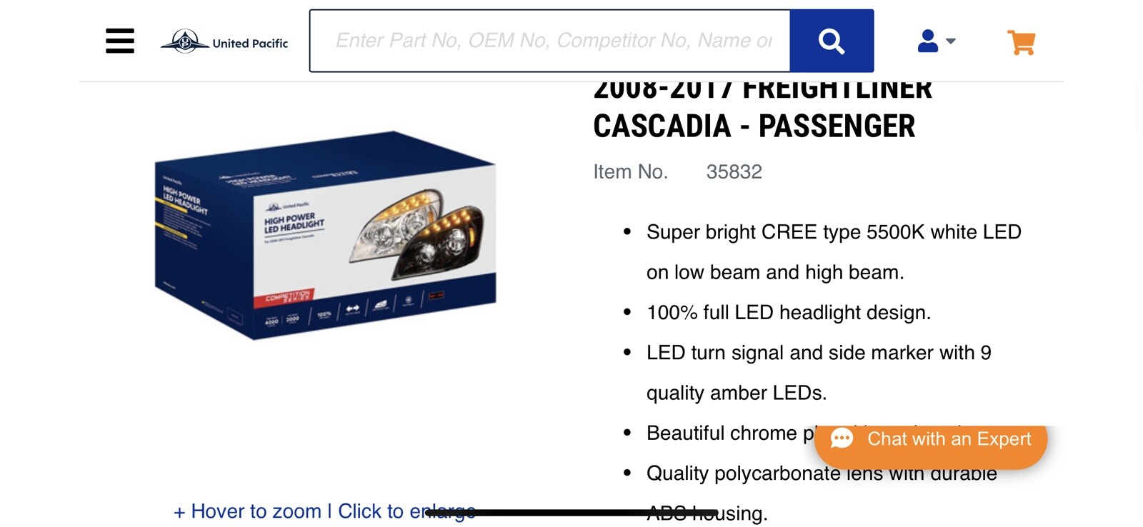 2008-2017 Freightliner Cascadia All LED Headlight Passenger Side Only. Chrome