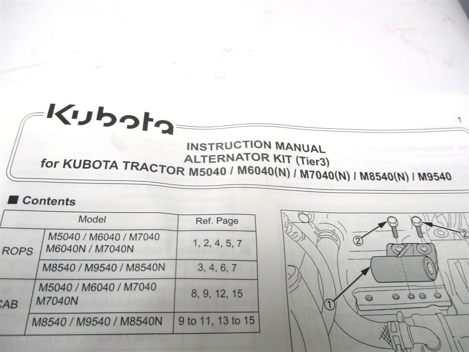 3C582-97200 GENUINE KUBOTA ALTERNATOR KIT M5040 M6040 M7040, M8540 3R600-64010
