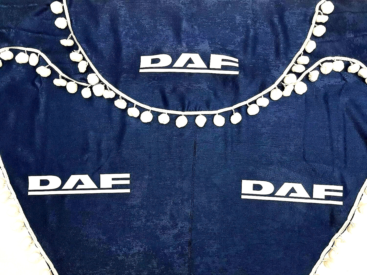 Truck Curtains Lux Set 3 pc for DAF 106 105 XF XG XD CF LF Blue & White Pom-Poms