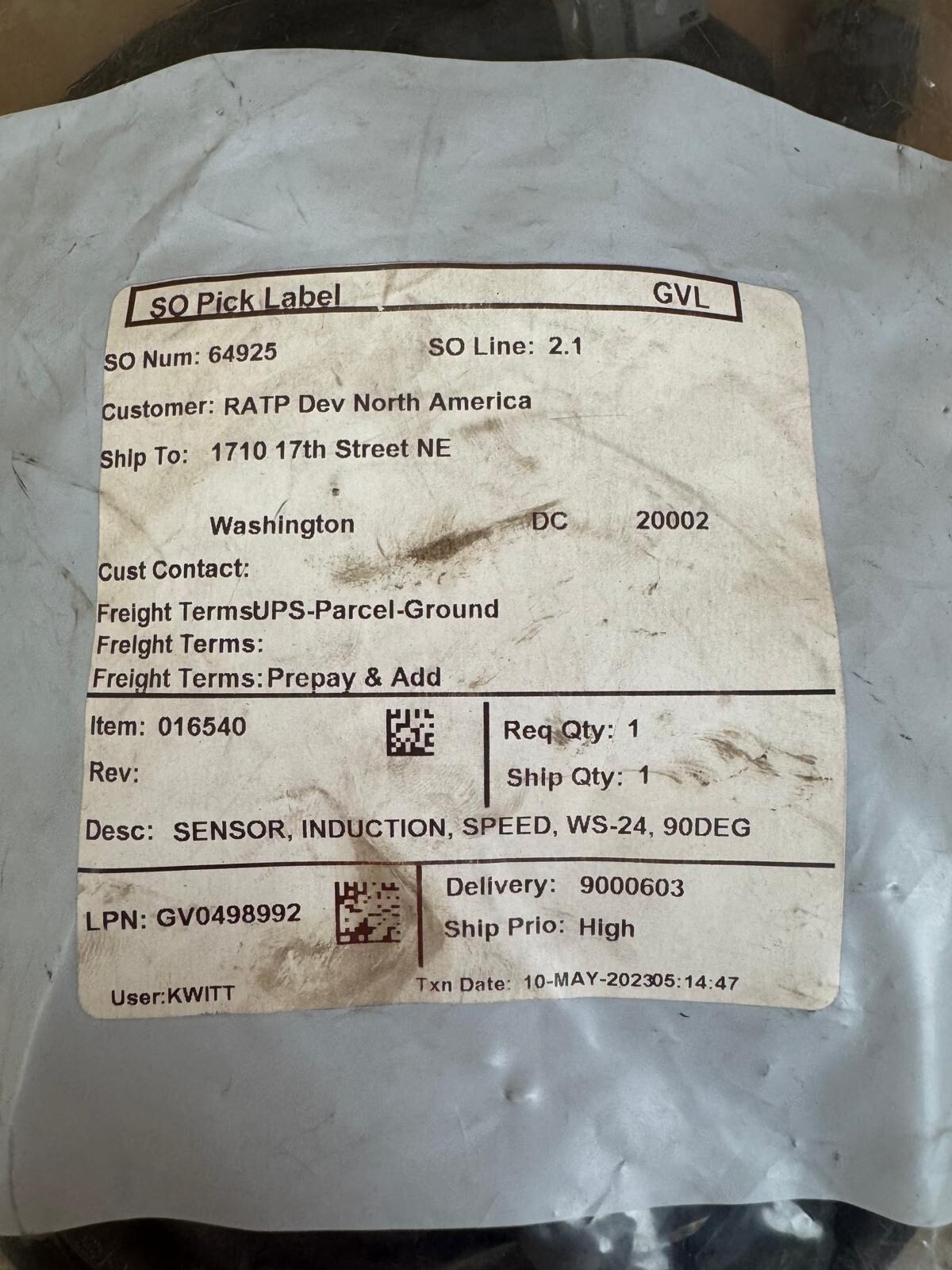 Bendix SENSOR, INDUCTION, SPEED, WS-24, 90DEG P/N 016540, GV0498992