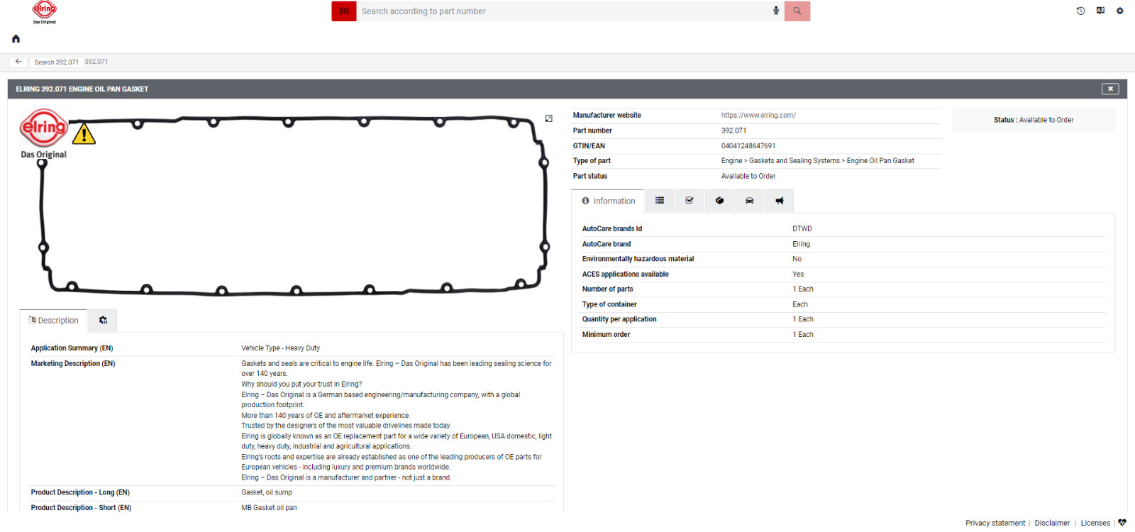 Brand New DETROIT DD15 OIL PAN GASKET A4720140322 Made In Germany