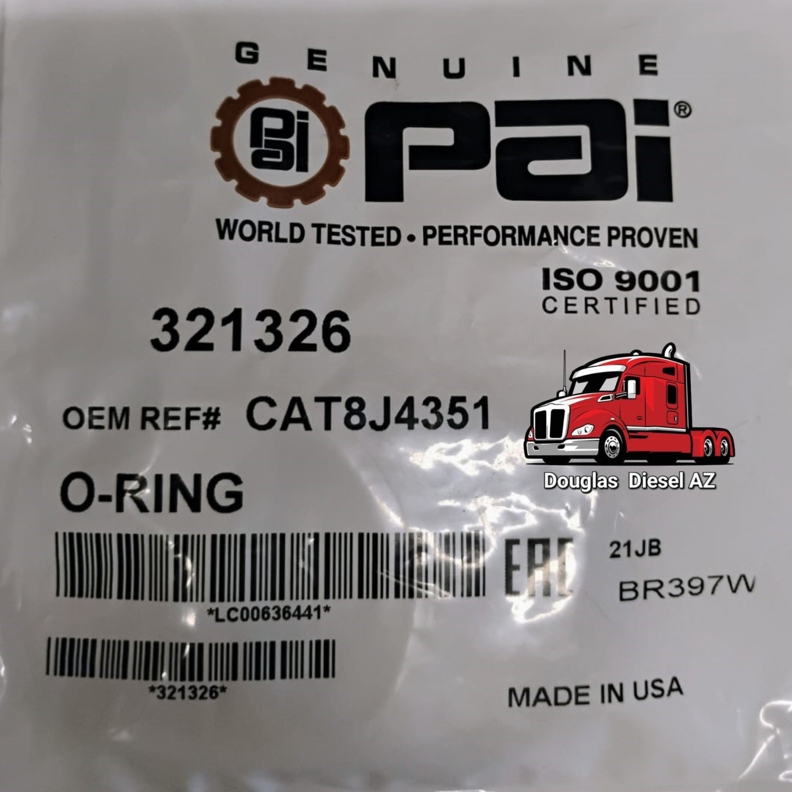 O-RING for Cat 3406E, C15. PAI # 321326 Ref. # Caterpillar 8J4351 5M0281 1530500