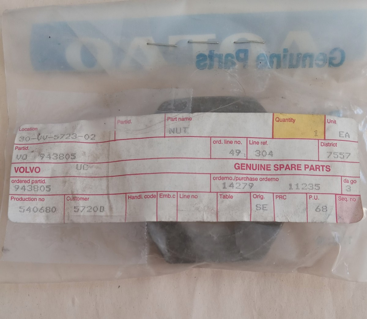 Volvo 943805 Nut – New Old Stock – O.E.M.