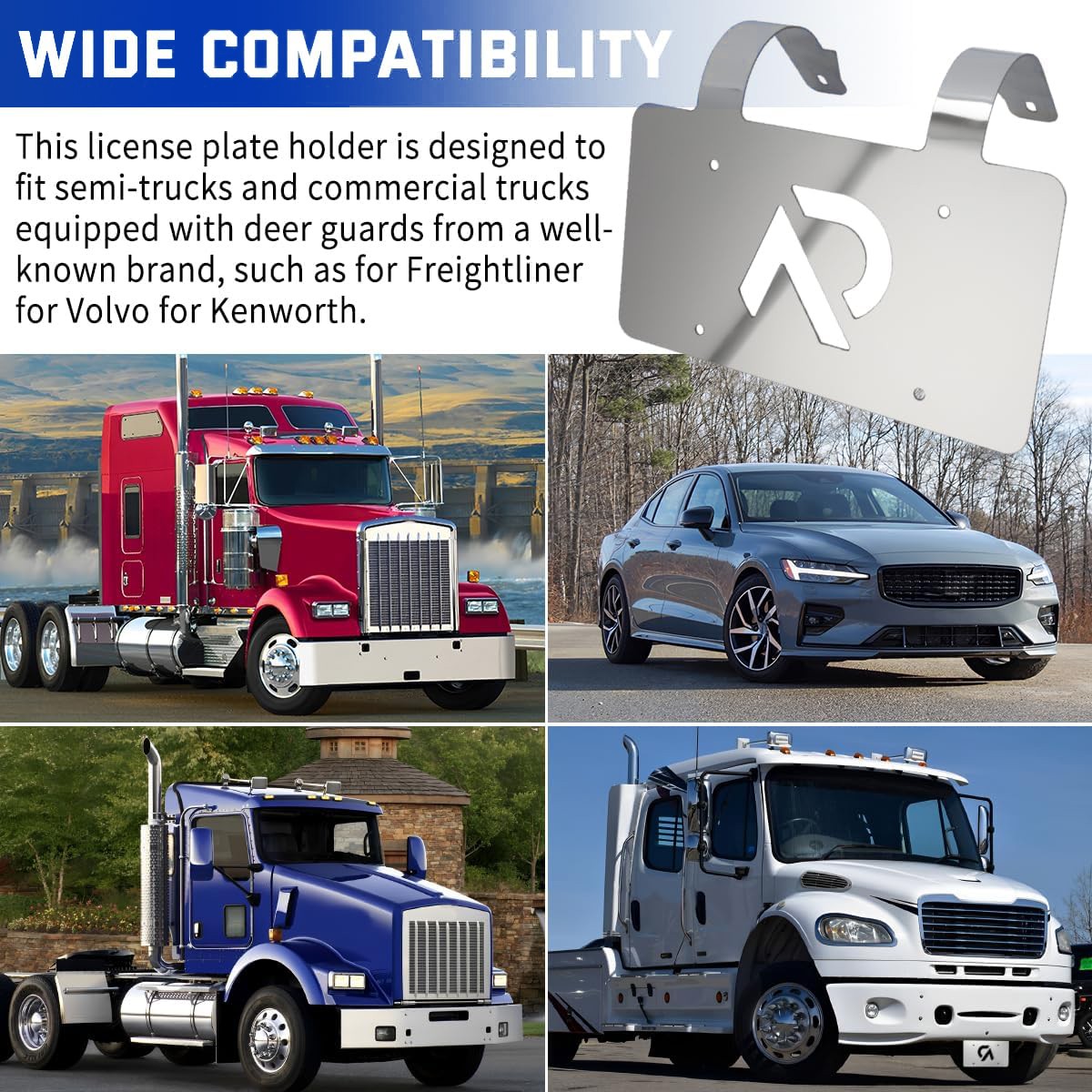 Stainless Deer Guard 3″ License Plate Holder Kit For Freightliner Volvo Kenworth