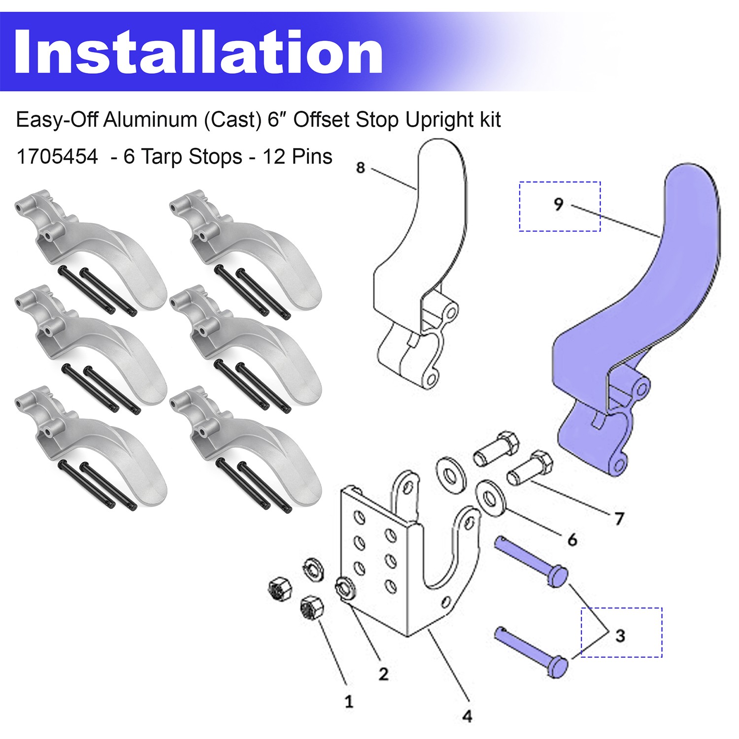 Easy-Off Aluminum (Cast) 6″ Offset Stop Upright kit 1705454-6 Tarp Stops-12 Pins