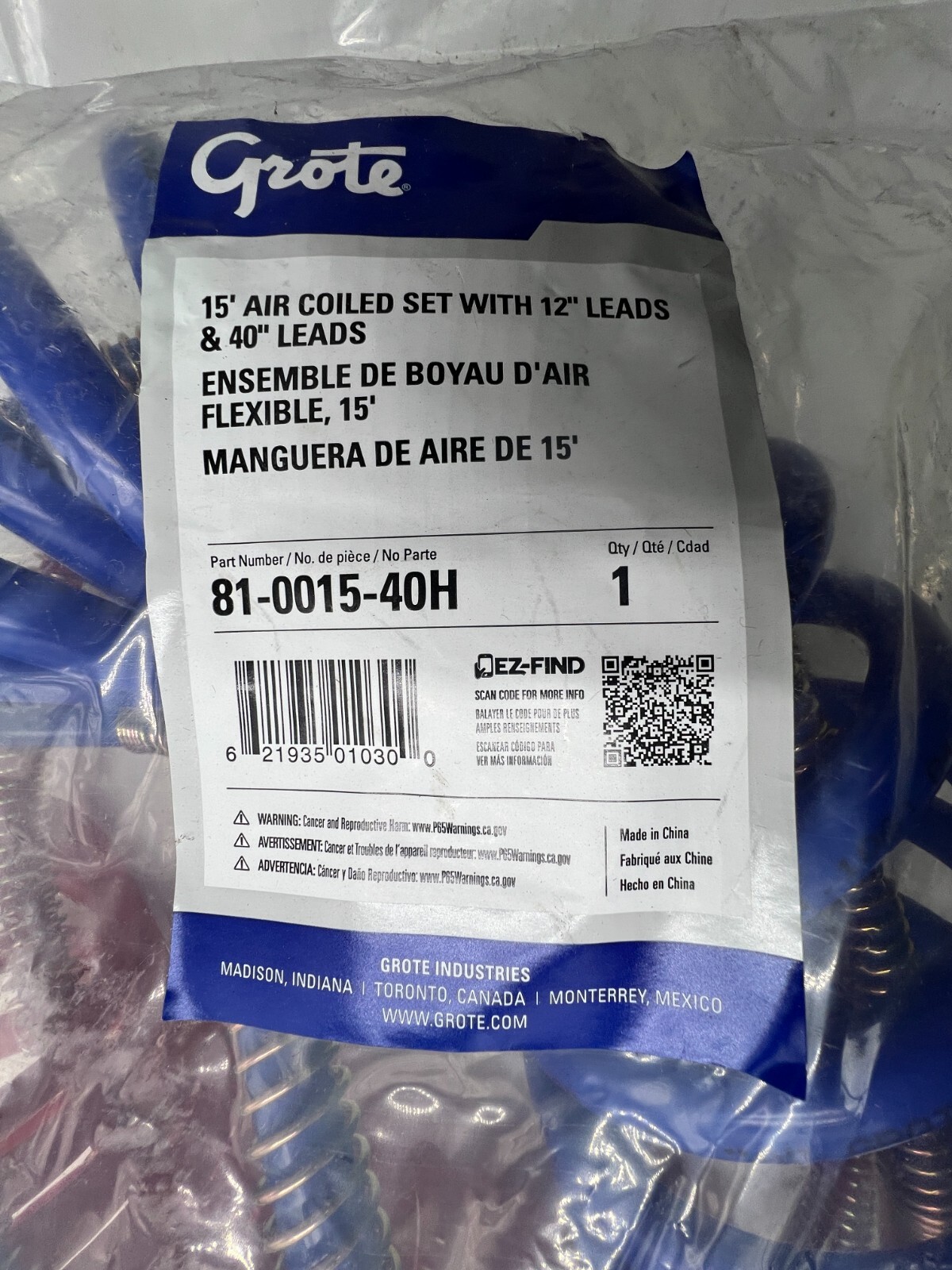 Grote 15′ Air Coiled W/12″ & 40″ Leads & Brass Handle 81-0015-40H
