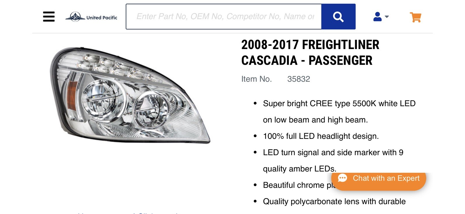 2008-2017 Freightliner Cascadia All LED Headlight Passenger Side Only. Chrome