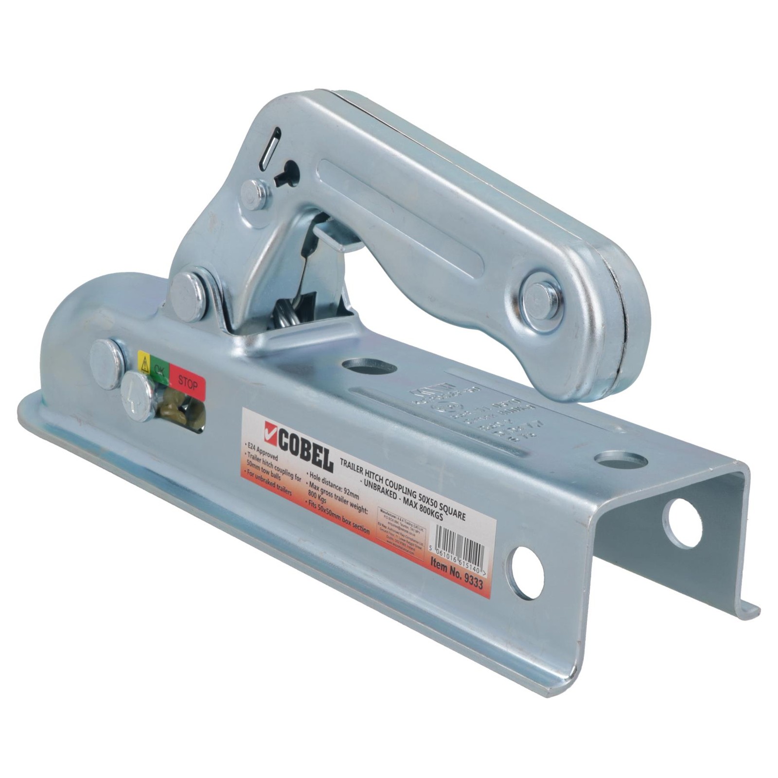 Trailer Unbraked Hitch Coupling For 50mm Square Box Pressed Steel Max 800kgs