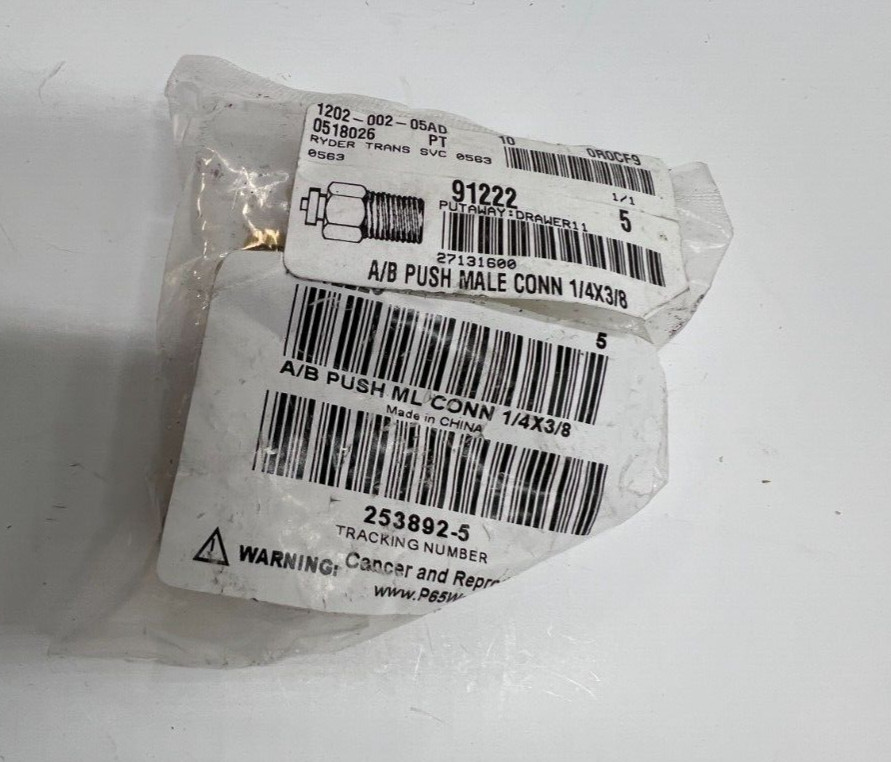 (QTY 5) Imperial Push to Connect Air Brake Connector 1/4” x 3/8” 91222