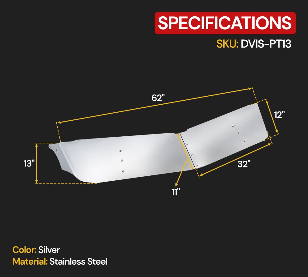 13″Stainless Steel Drop Visor Compatible w/Peterbilt 335, 359, 377, 378, 379