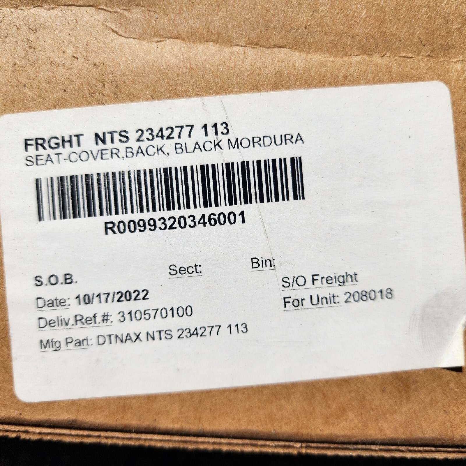 NATIONAL SEATING SEAT BACK COVER, BLACK, NTS 234277 113, PDC1615,Freightliner