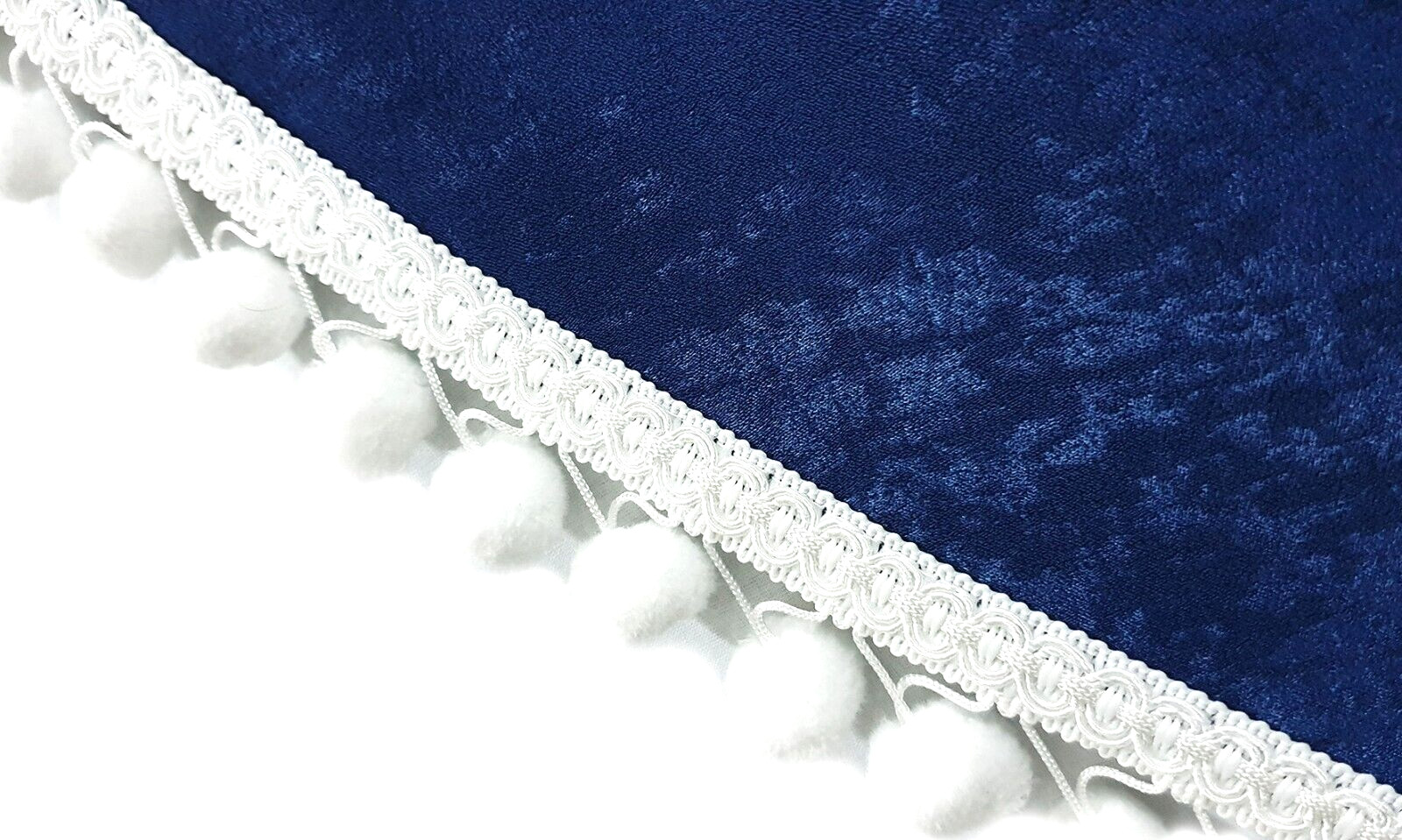 Truck Curtains for VOLVO VNL VNR VNX FH FH3 FH4 FH5 FM FMX Blue & White PomPoms