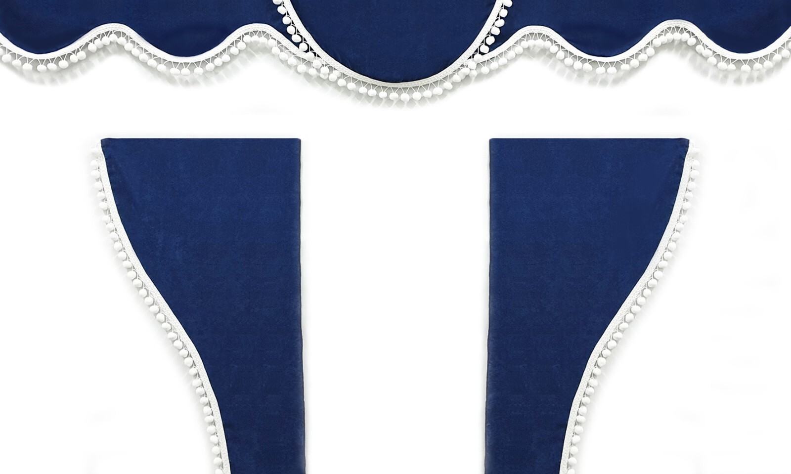 Truck Curtains Blue with White Pom Poms for FREIGHTLINER PETERBILT MACK KENWORTH