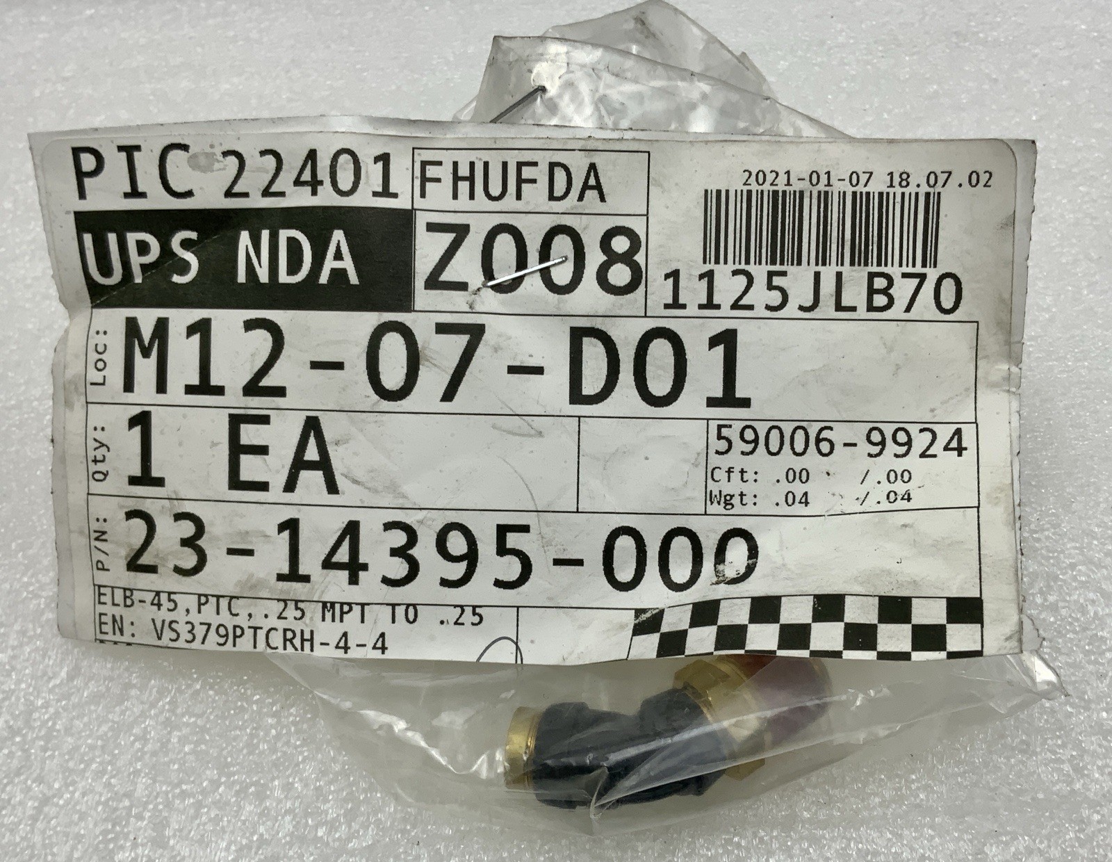 FREIGHTLINER OEM : 45-Degree Elbow PTC Fitting, .25 MPT- .25 P/N: 23-14395-000