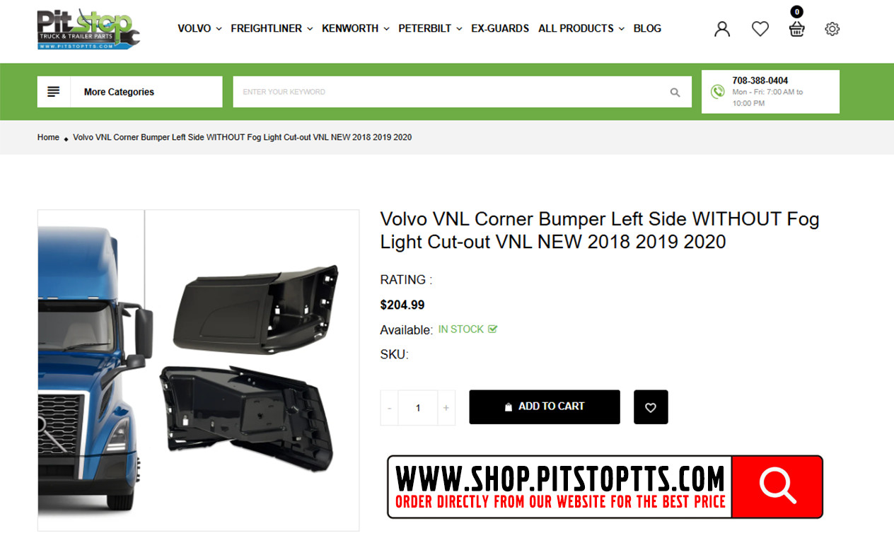Volvo VNL NEW 2018 2019 2020 Corner Bumper Left Side WITHOUT Fog Light Cut-out