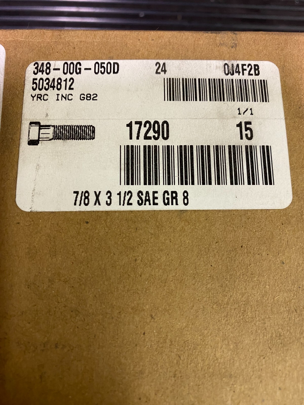 IMPERIAL SUPPLIES, 17290, 7/8 X 3 1/2, 8 GAUGE HEX BOLT, BOX OF 15 NEW OLD STOCK