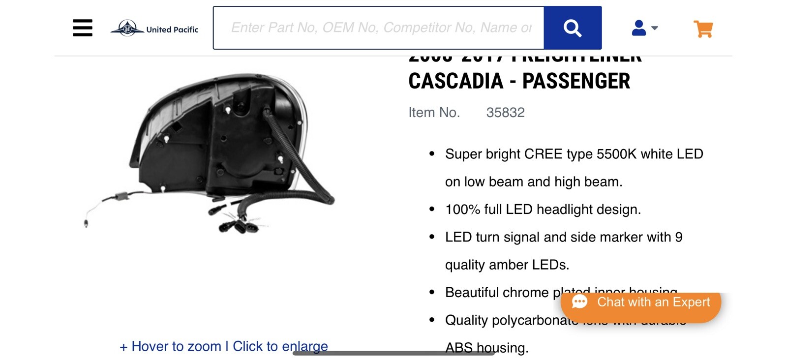 2008-2017 Freightliner Cascadia All LED Headlight Passenger Side Only. Chrome