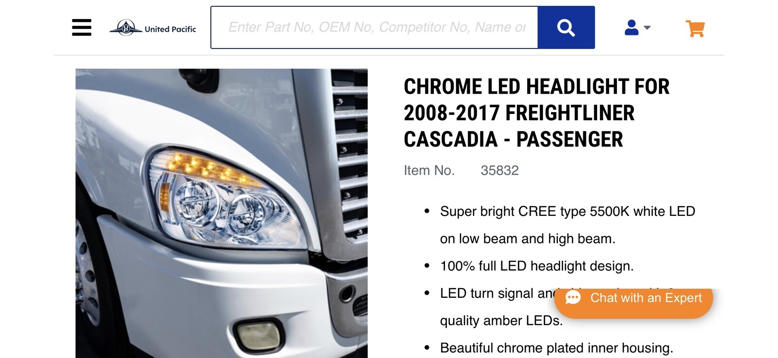 2008-2017 Freightliner Cascadia All LED Headlight Passenger Side Only. Chrome