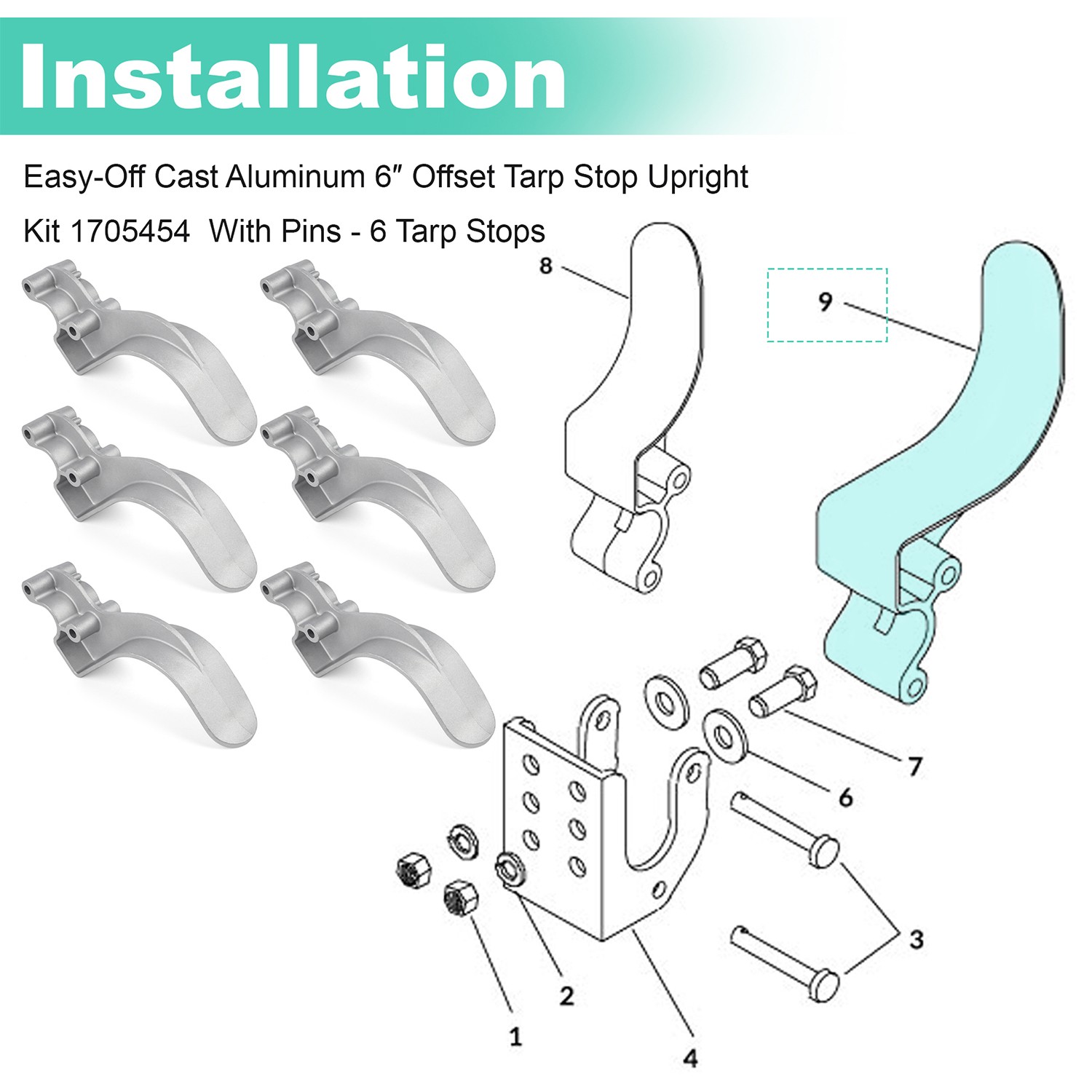 1705454 Easy-Off Cast Aluminum 6″ Offset Tarp Stop Upright Kit – 6 Tarp Stops