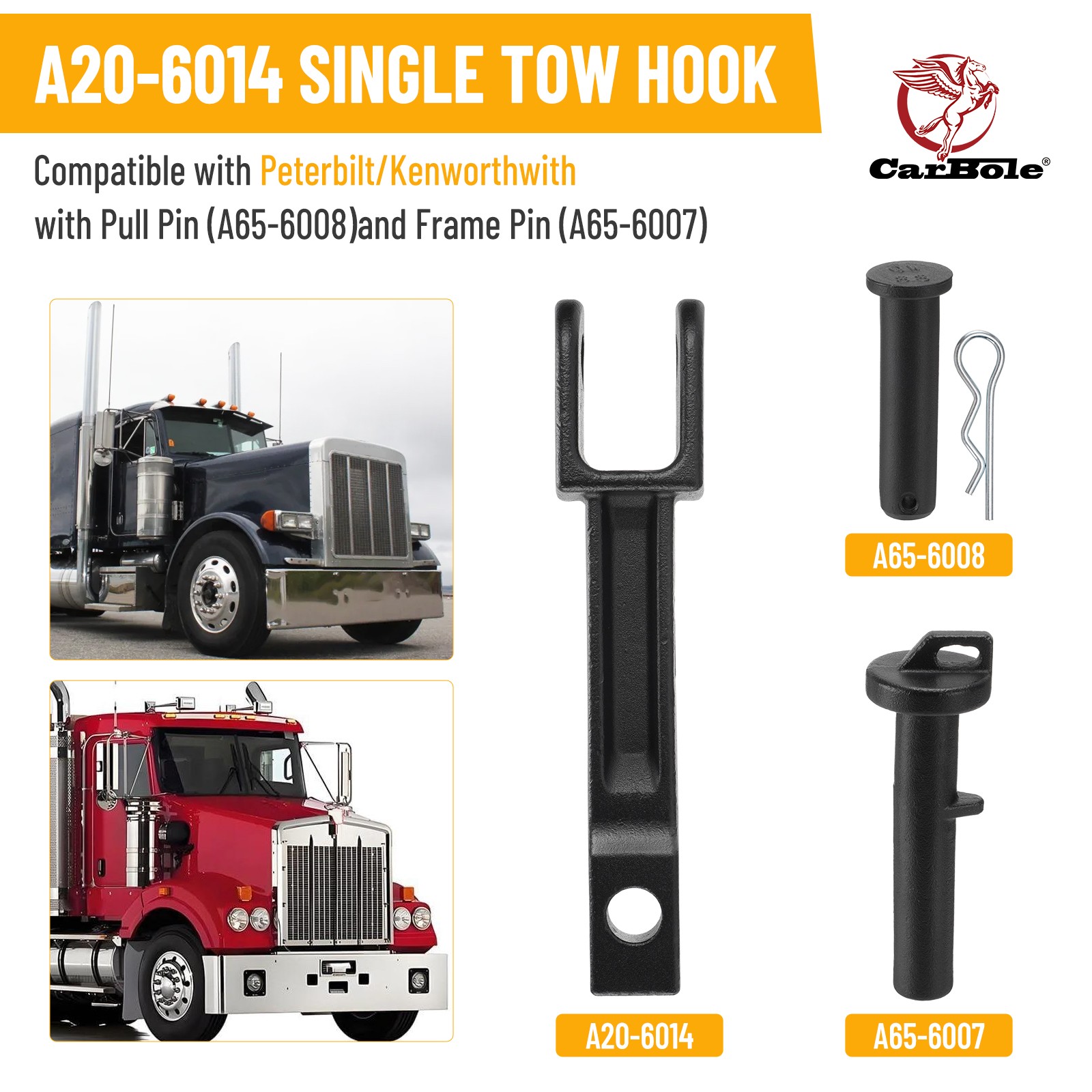 2 A20-6014 Tow Hook Compatible with Peterbilt/Kenworth with Pull Pin & Frame Pin