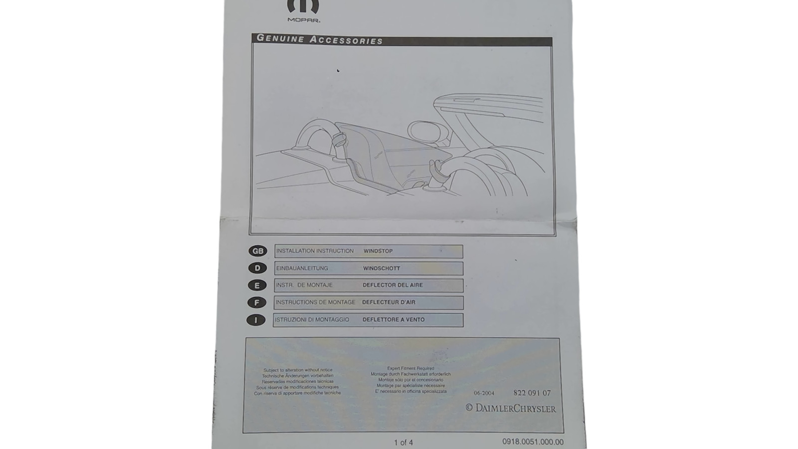 MOPAR 04-08 CROSSFIRE CONVERTABLE WINDSCREEN PARTITION
