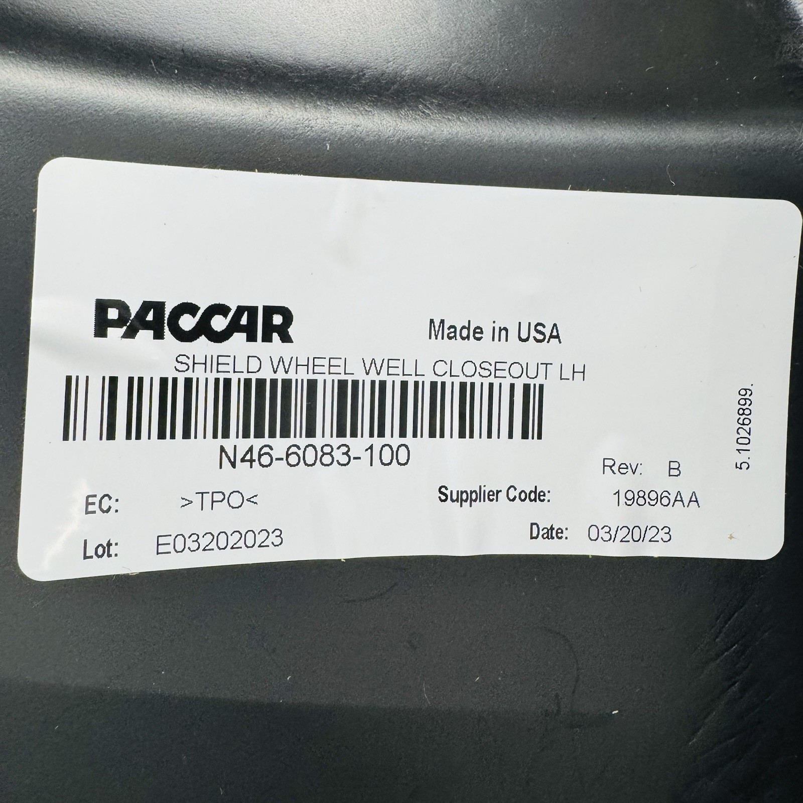 Peterbilt (Paccar) N46-6083-100 Shield Wheel Well Closeout LH / Made in USA