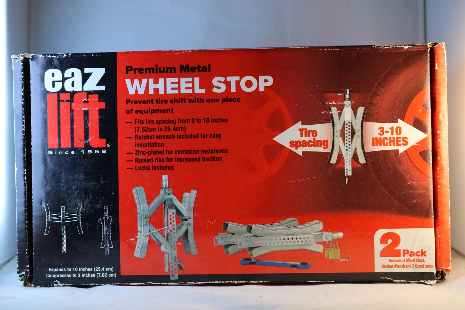 Camco Eaz-Lift Premium Metal Wheel Stop 2-Pack 44661 w/ Sealed Wrench & 2 Locks