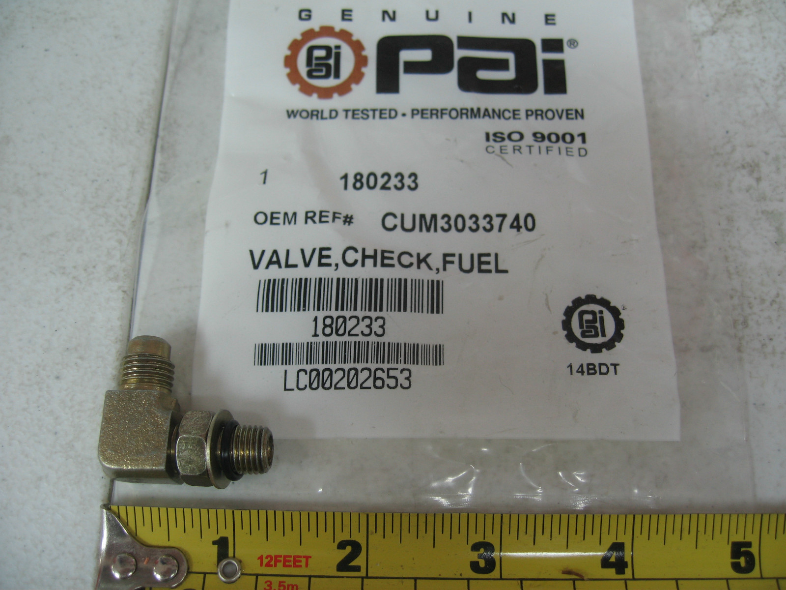 90° Elbow Fuel Gear Pump Check Valve for Cummins N14. PAI # 180233 Ref.# 3033740