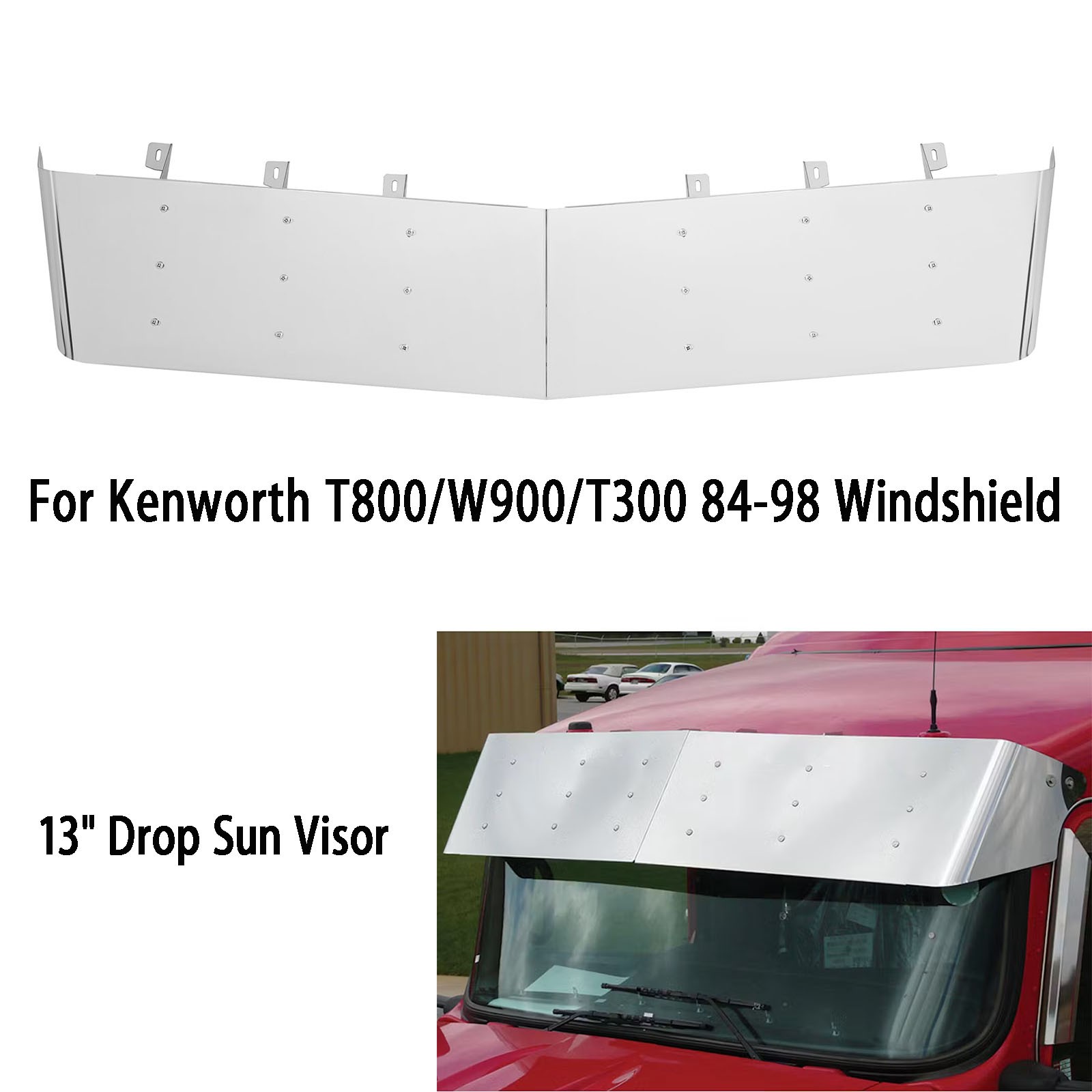 13″ Drop Sun Visor Stainless For Kenworth T800/W900/T600/T300 84-98 Windshield