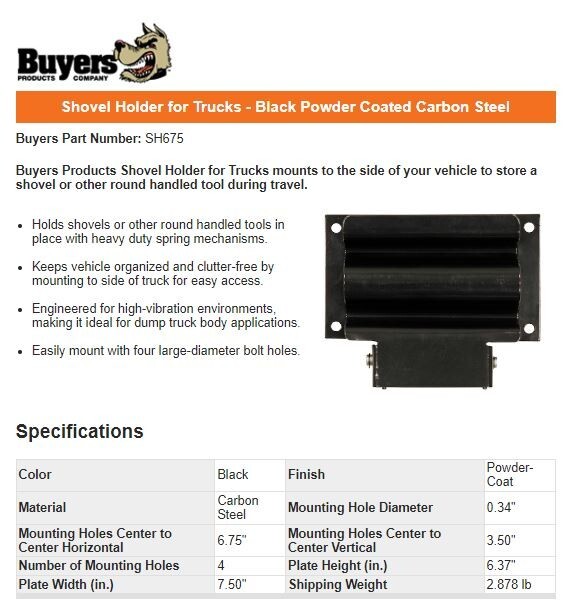 BUYERS BLACK POWDER COATED CARBON STEEL SHOVEL HOLDER SH675