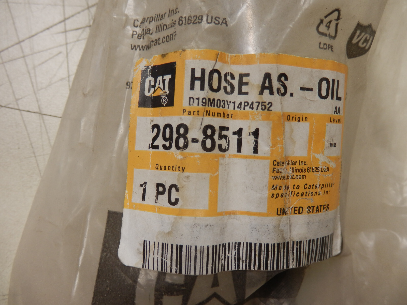 Genuine OEM Caterpillar 298-8511 Oil Line Free Shipping
