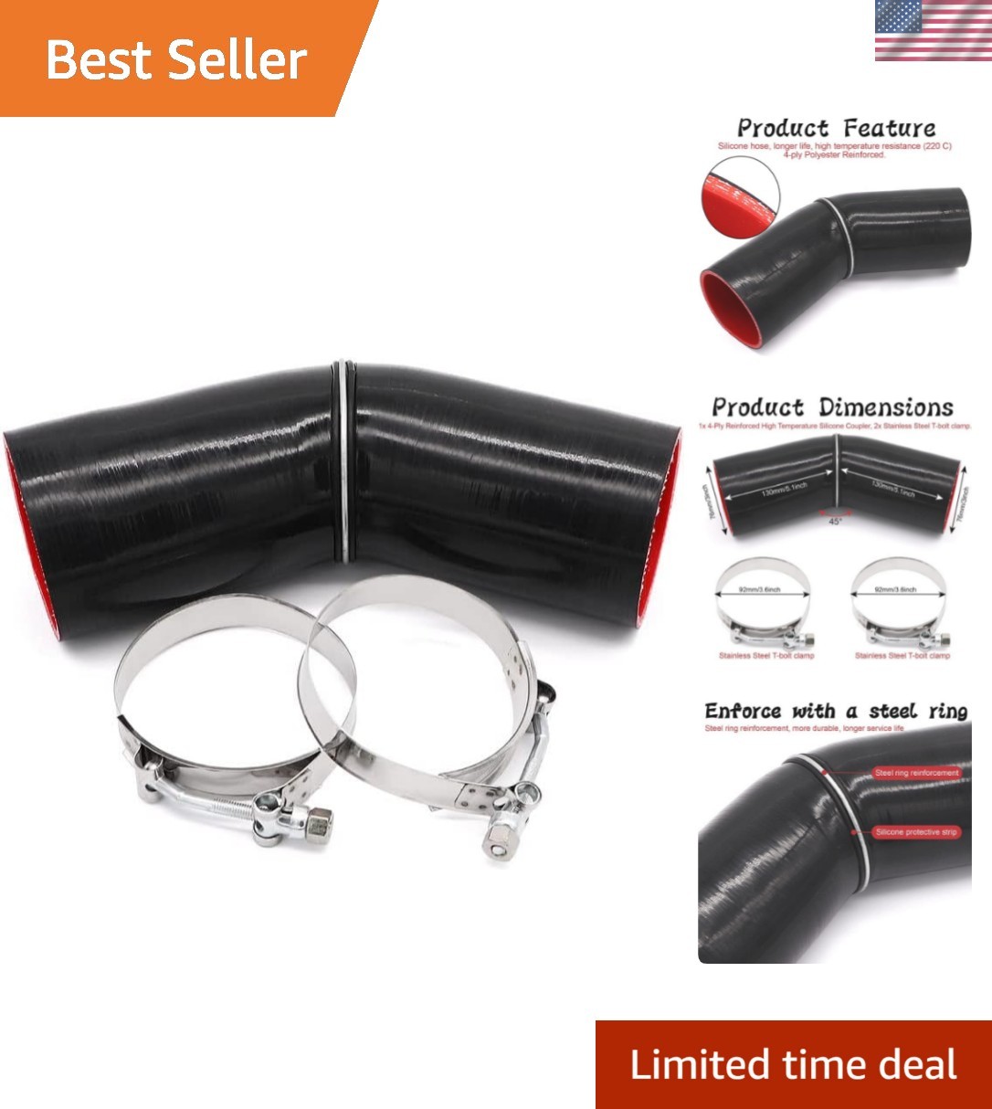 Temperature-Resistant 4-Ply 45° Silicone Elbow Hose with Clamps, 102mm Length