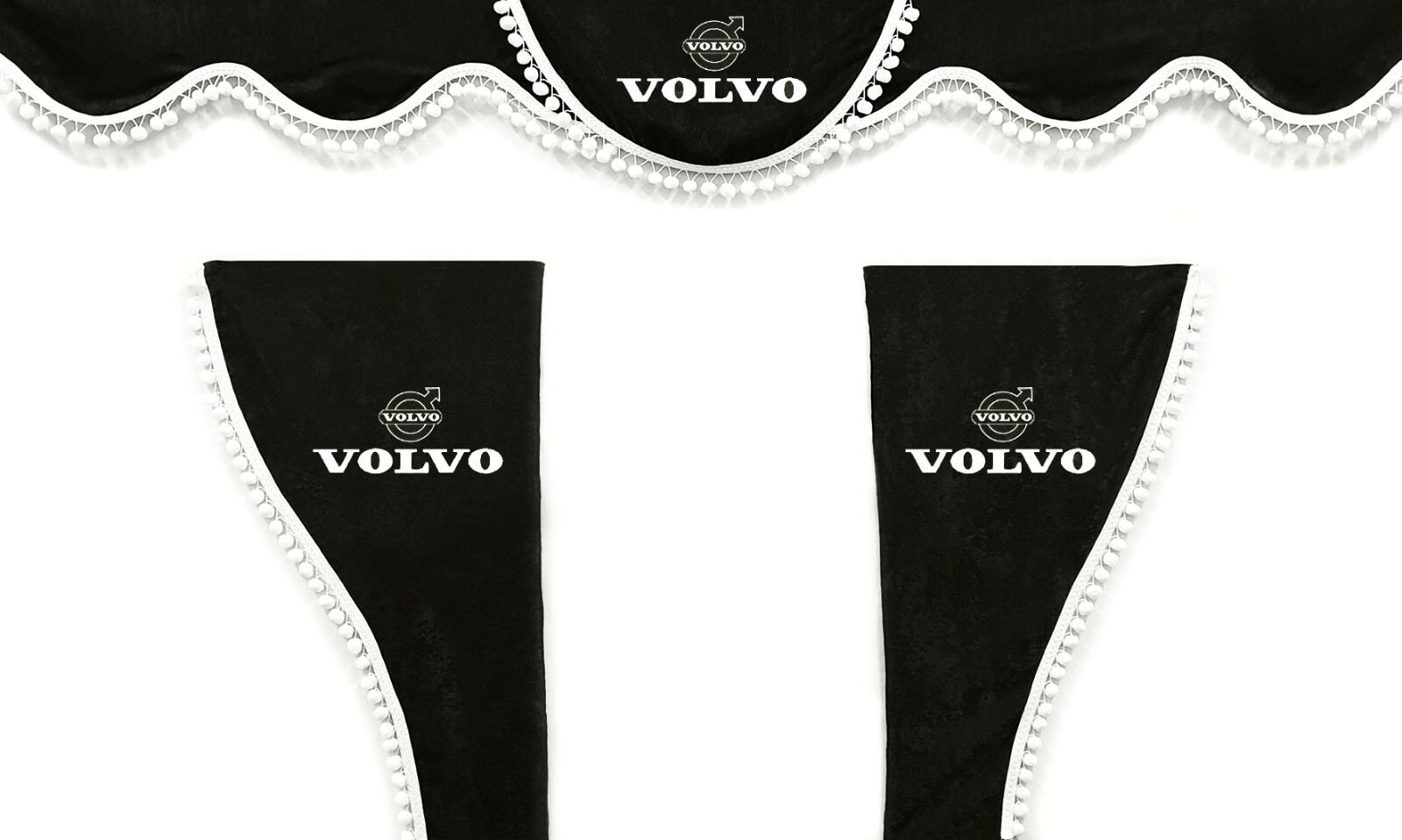 Truck Curtains Black w/ White PomPoms for VOLVO FH FM FH12 FH13 FH16 VNL VNR VNX