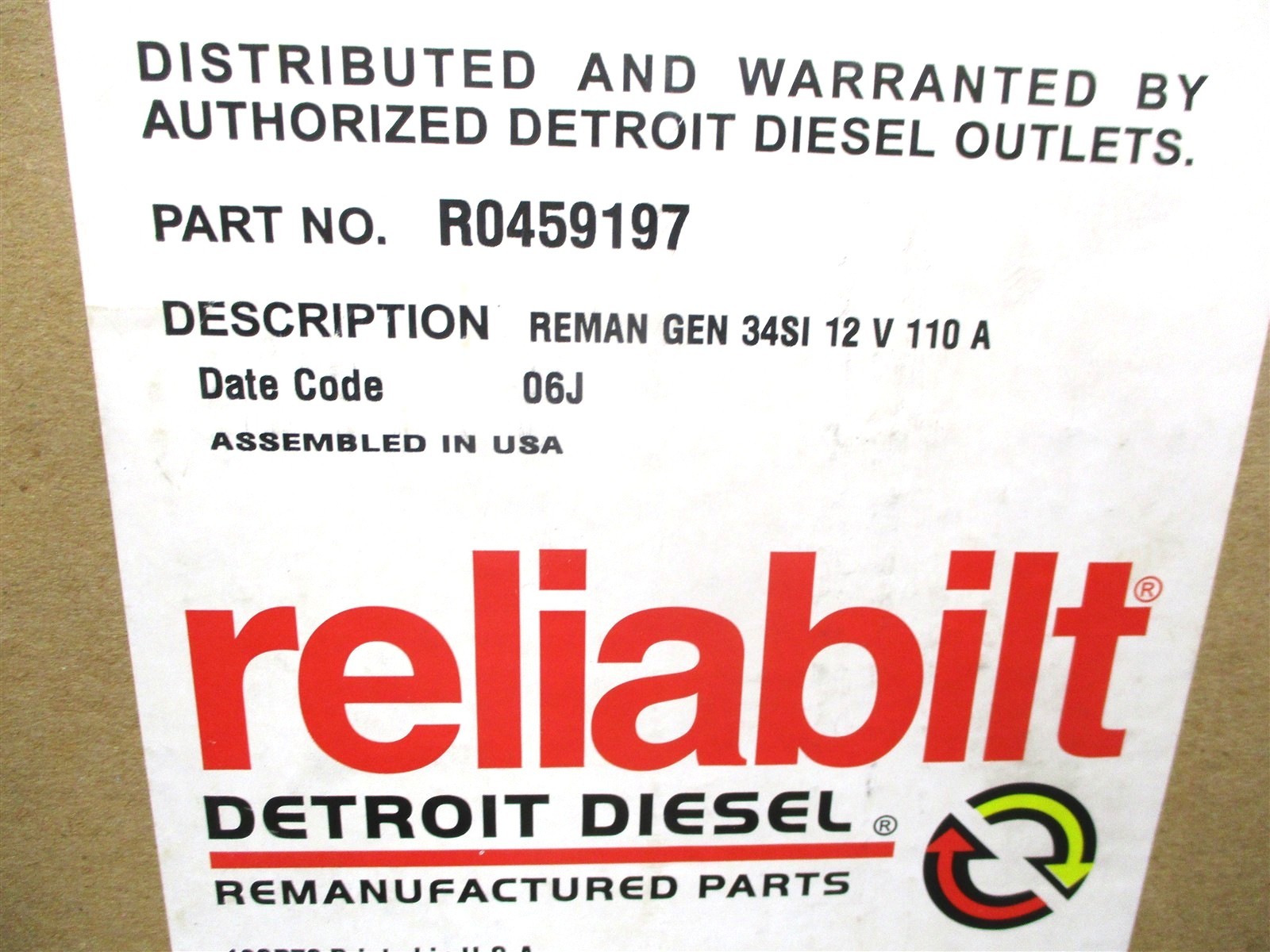 R0459197 REMAN RELIABILT DETROIT DIESEL 34SI ALTERNATOR 12V 110A
