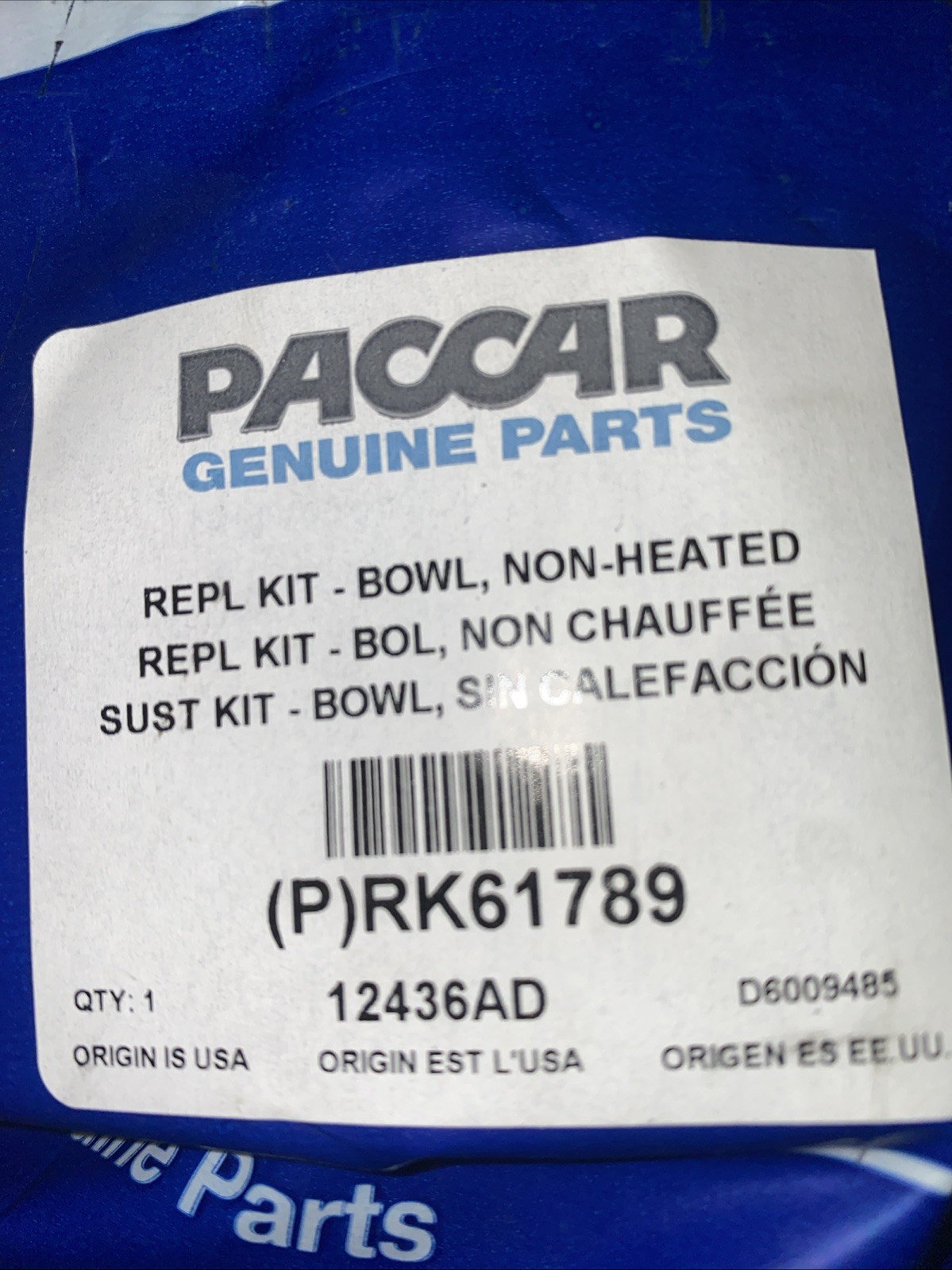 RK61789 Replacement Kit Bowl Paccar Genuine OEM New